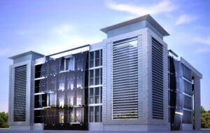 Modern office building with sleek architecture and innovative facade.