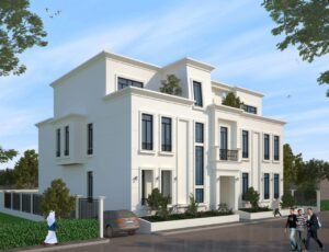 Contemporary white multi-story house with large windows and balconies.