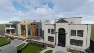 Elegant modern house with diverse architectural styles and landscaping.