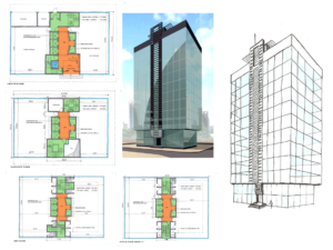 Contemporary office building with glass facade and innovative architecture.