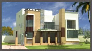 Modern tropical villa with contemporary architecture and lush landscaping.