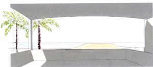 Ocean view modern architecture with outdoor terrace and palm trees.