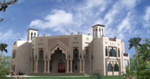 Elegant Middle Eastern palace with intricate architectural details and lush surroundings.