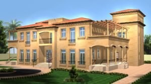 Elegant Mediterranean-style villa with terraces, lush landscaping, and warm earth tones.