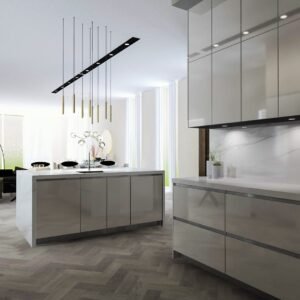 Sleek, contemporary kitchen with minimalist cabinetry and elegant lighting fixtures.