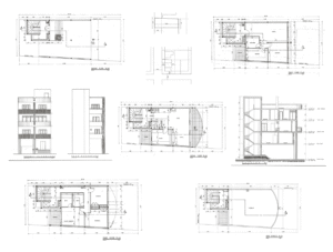 Detailed architectural floor plans and building elevations for innovative design projects.