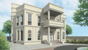 Luxury modern villa with classic architectural details and spacious balconies.