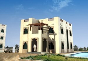 Contemporary Middle Eastern villa with traditional design elements and lush landscaping.