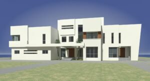 Contemporary white house with geometric design and large windows.