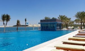 Elegant pool area with contemporary design, palm trees, and scenic ocean views.