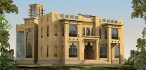 Elegant desert villa with contemporary architecture and large windows.