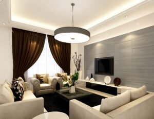 Elegant modern living room featuring neutral-colored sofas, a sleek TV wall, and sophisticated decor.