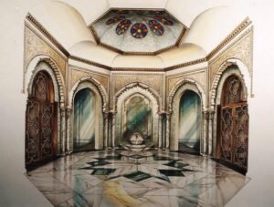 Moroccan interior design with arches and detailed tile patterns.