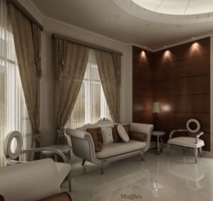 Sophisticated living room with classic furniture, beige curtains, and warm ambient lighting.