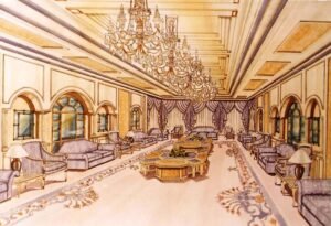 Luxurious interior design featuring chandeliers, ornate furniture, and elegant drapery.