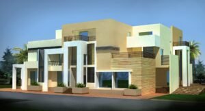 Contemporary modern house with clean lines and lush landscaping.