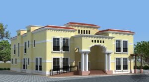 Elegant yellow Mediterranean-style villa with columns and large windows.