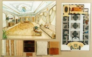 Interior design featuring sophisticated decor, ornate ceiling, and elegant window treatments.