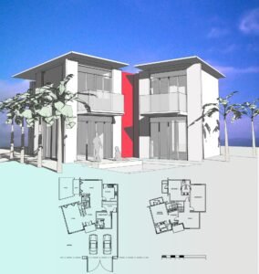 Contemporary duplex house design with modern architecture and large glass windows.