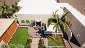 Elegant modern house with tropical landscaping and palm trees.