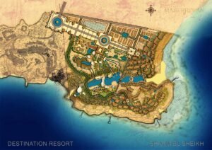 Destination Resort masterplan with luxurious amenities and scenic coastal views.