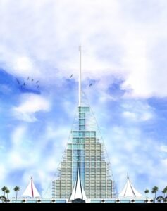 Architectural design of a modern skyscraper with sleek glass facade.