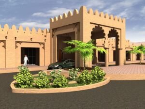 Traditional Middle Eastern architecture with palm trees and a modern car.